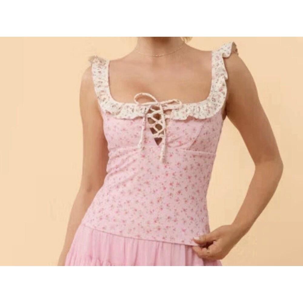 NEW Blogilates Women’s Ruffle Lace Up Tank Top Pink Floral Size XS